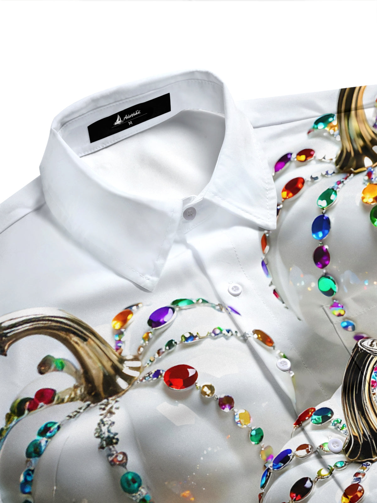 Adaychic Men's Printed White Pumpkin With Gemstones Print Short Sleeve Shirt with Chest Pocket