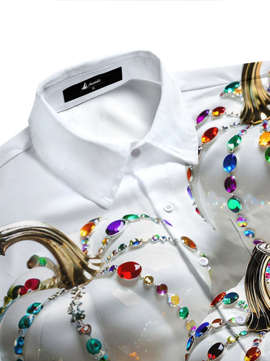 Adaychic Men's Printed White Pumpkin With Gemstones Print Short Sleeve Shirt with Chest Pocket