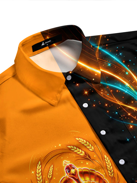 Adaychic Men's Long Sleeve Shirt - Thanksgiving Neon Turkey With Wheat And Pumpkins Print with Chest Pocket
