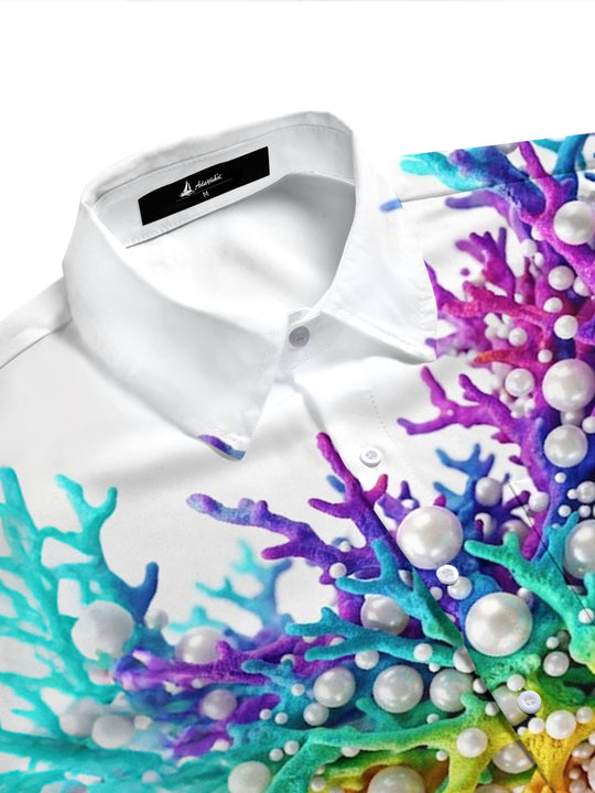 Adaychic Men's Hawaiian Colorful Coral And Pearls Print Short Sleeve Shirt with Chest Pocket