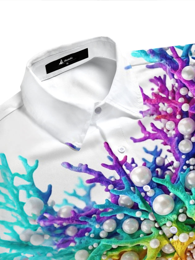Adaychic Men's Hawaiian Colorful Coral And Pearls Print Short Sleeve Shirt with Chest Pocket