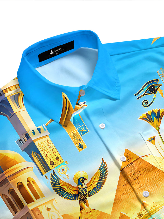 Adaychic Men's Hawaiian Ancient Egyptian Pyramids Print Short Sleeve Shirt with Chest Pocket