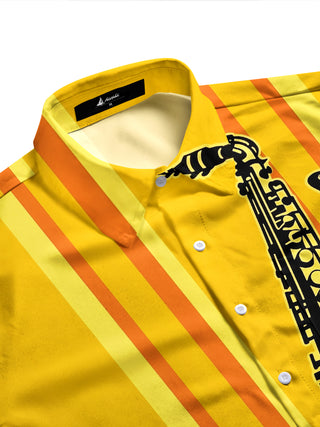 Adaychic Men's Striped Saxophone Graphic Long Sleeve Shirt with Chest Pocket
