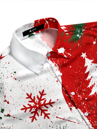 Adaychic Men's Long Sleeve Shirt - Christmas Tree And Snowflake With Paint Splatter Print with Chest Pocket
