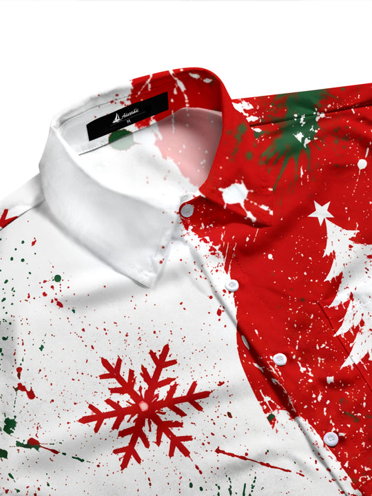 Adaychic Men's Long Sleeve Shirt - Christmas Tree And Snowflake With Paint Splatter Print with Chest Pocket