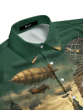 Adaychic Men's Short Sleeve Shirt - Victorian Architecture And Steampunk Elements Print with Chest Pocket