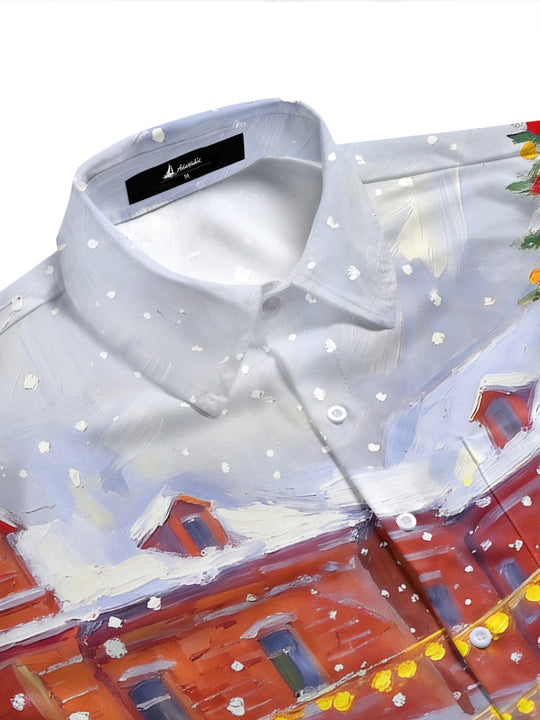 Adaychic Men's Short Sleeve Shirt - Christmas Market Scene With Christmas Tree And Ornaments Print with Chest Pocket