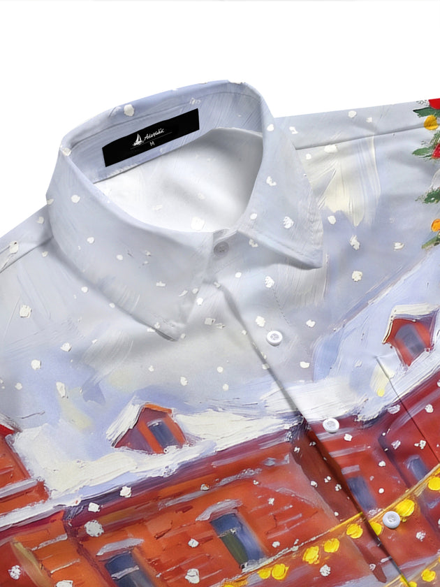 Adaychic Men's Short Sleeve Shirt - Christmas Market Scene With Christmas Tree And Ornaments Print with Chest Pocket