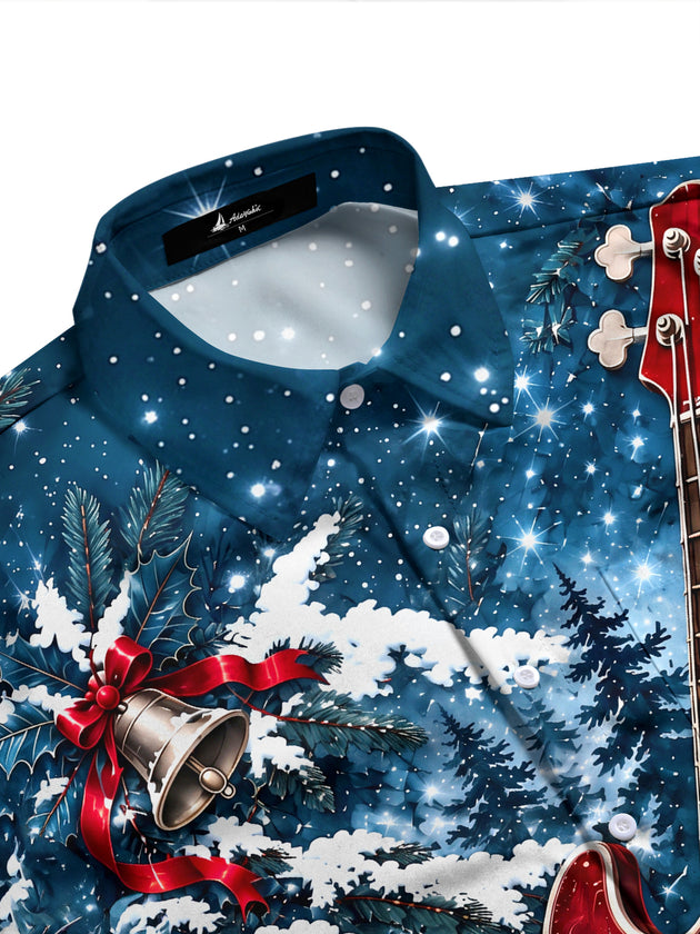 Adaychic Men's Long Sleeve Shirt - Christmas Snowy Forest And Holly Print Red Bass Guitar Print with Chest Pocket