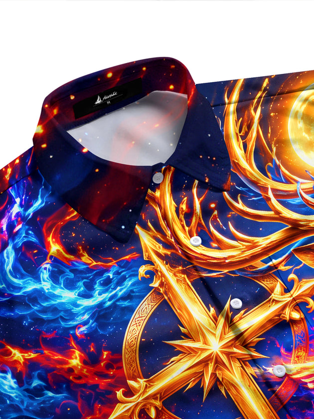 Adaychic Men's Long Sleeve Shirt - Deer And Cross With Fire And Ice Landscape Print with Chest Pocket