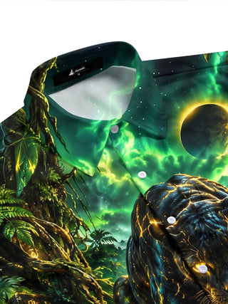 Adaychic Men's Black Panther With Glowing Golden Lines Print Short Sleeve Shirt with Chest Pocket