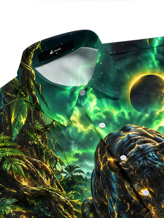 Adaychic Men's Black Panther With Glowing Golden Lines Print Short Sleeve Shirt with Chest Pocket