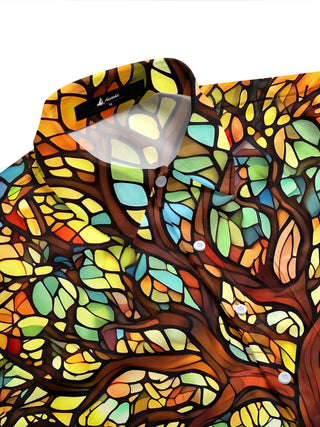 Adaychic Men's Printed Stained Glass Tree Print Short Sleeve Shirt with Chest Pocket