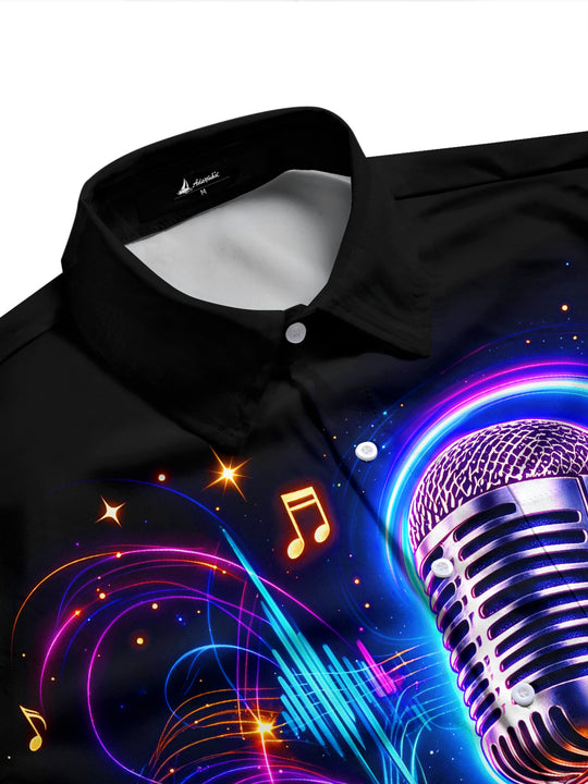 Adaychic Men's Long Sleeve Shirt - Vintage Microphone With Neon Music Notes And Sound Waves Print with Chest Pocket