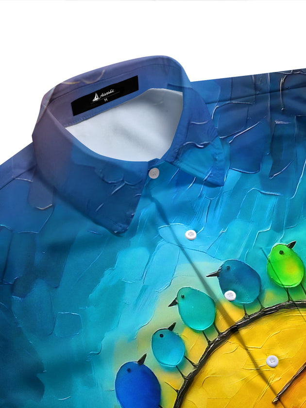 Adaychic Men's Printed Colorful Birds On Branch Print Short Sleeve Shirt with Chest Pocket