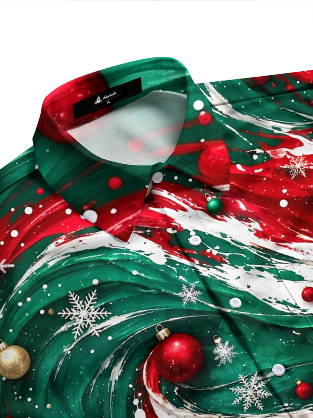 Adaychic Men's Long Sleeve Shirt - Abstract Swirls With Christmas Ornaments And Snowflakes Print with Chest Pocket