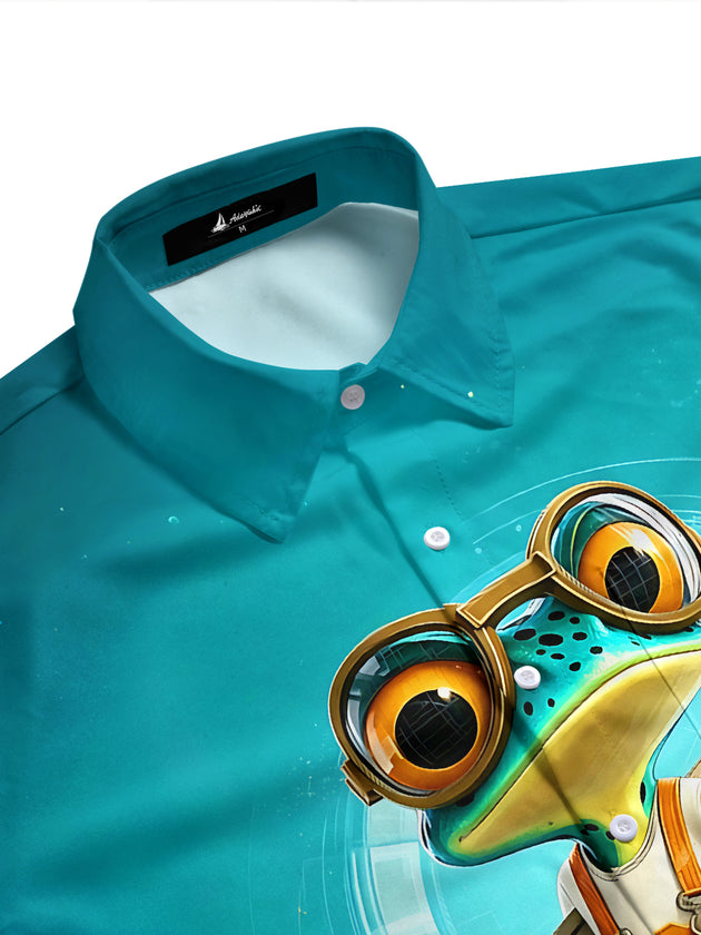 Adaychic Men's Graphic Mechanic Frog Print Short Sleeve Shirt with Chest Pocket