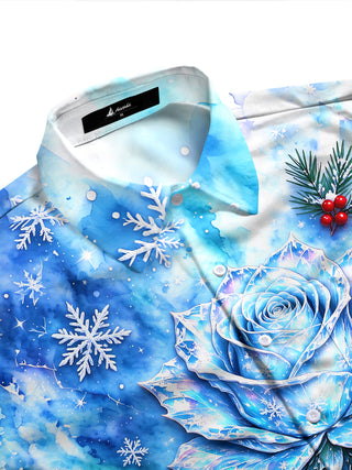 Adaychic Men's Long Sleeve Shirt - Blue Rose With Snowflakes And Winter Berries Print with Chest Pocket