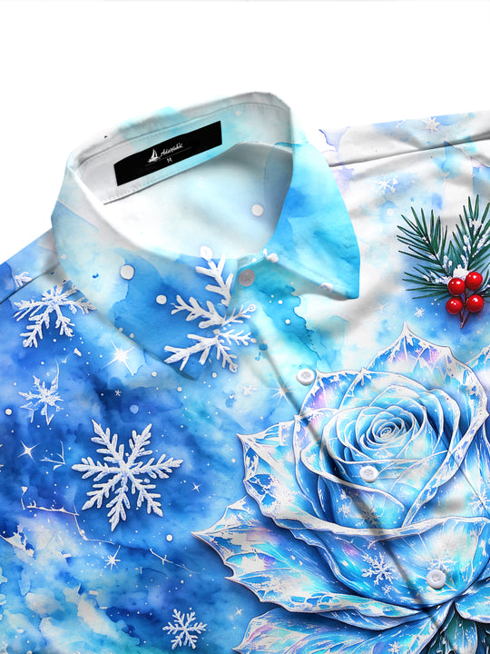 Adaychic Men's Long Sleeve Shirt - Blue Rose With Snowflakes And Winter Berries Print with Chest Pocket