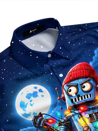 Adaychic Men's Long Sleeve Shirt - Robot With Christmas Lights And Winter Scene Print with Chest Pocket