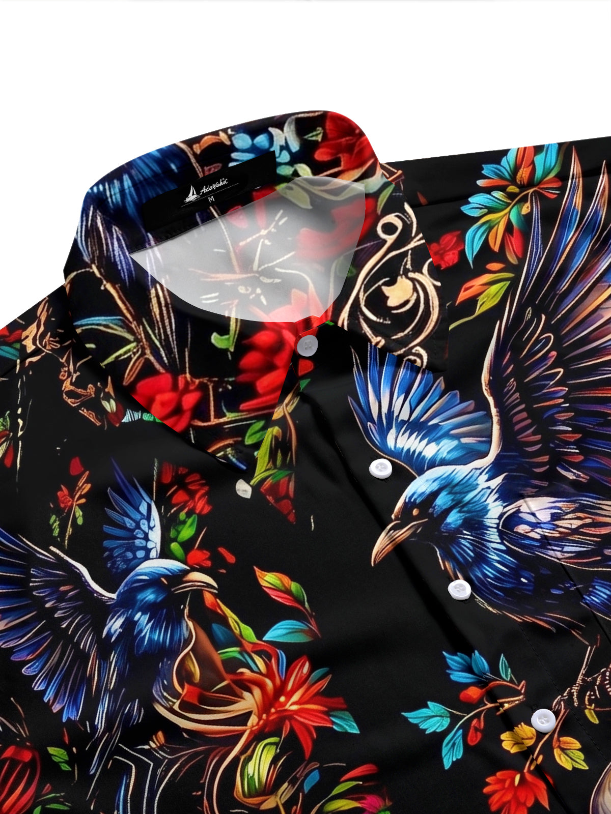 Adaychic Men's Graphic 3D Raven Skull Floral Print Short Sleeve Button Down Shirt with Chest Pocket