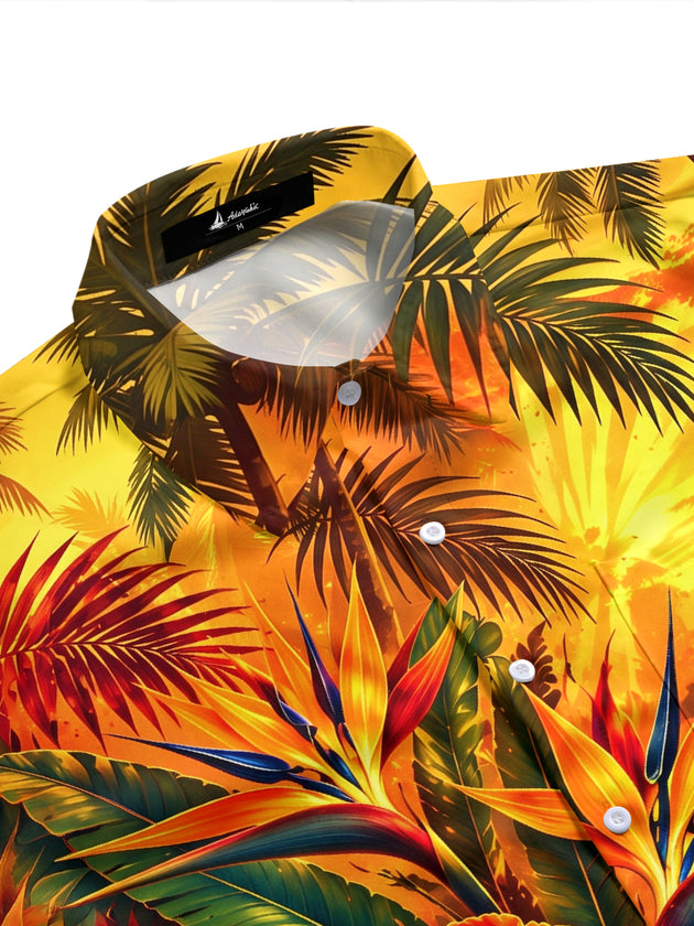 Adaychic Men's Short Sleeve Shirt - Tropical Jungle Plants And Birds Of Paradise Print with Chest Pocket