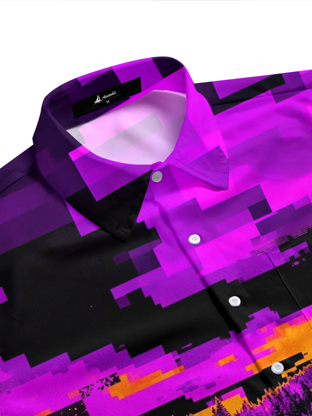 Adaychic Men's Retro Pixelated Forest Lake Scenery Print Short Sleeve Shirt with Chest Pocket