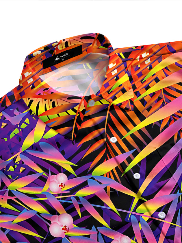 Adaychic Men's Neon Gradient Tropical Leaves Print Long Sleeve Shirt with Chest Pocket