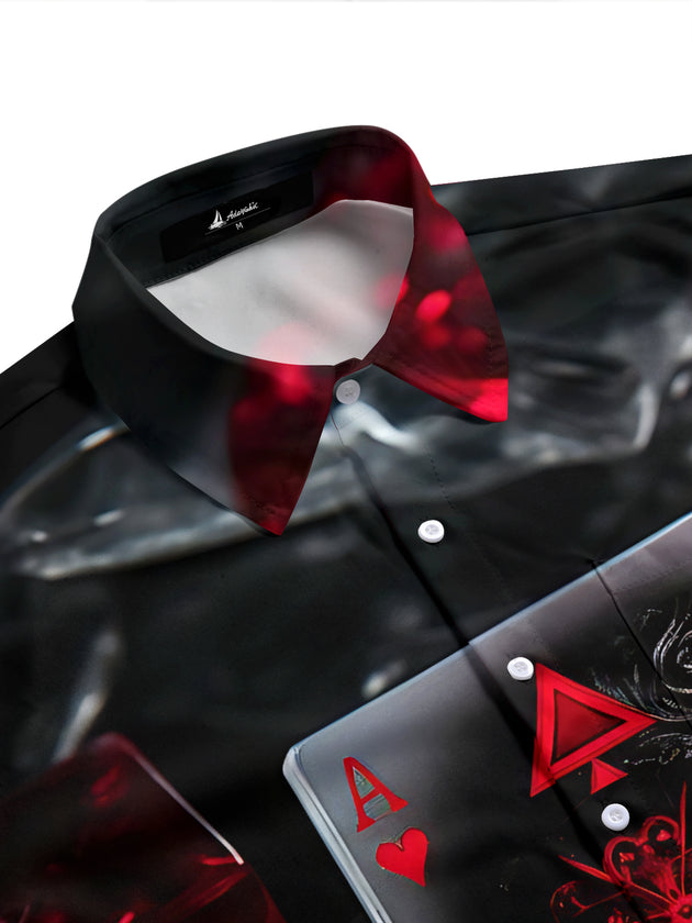 Adaychic Men's Graphic Poker Print Dark Print Short Sleeve Shirt with Chest Pocket