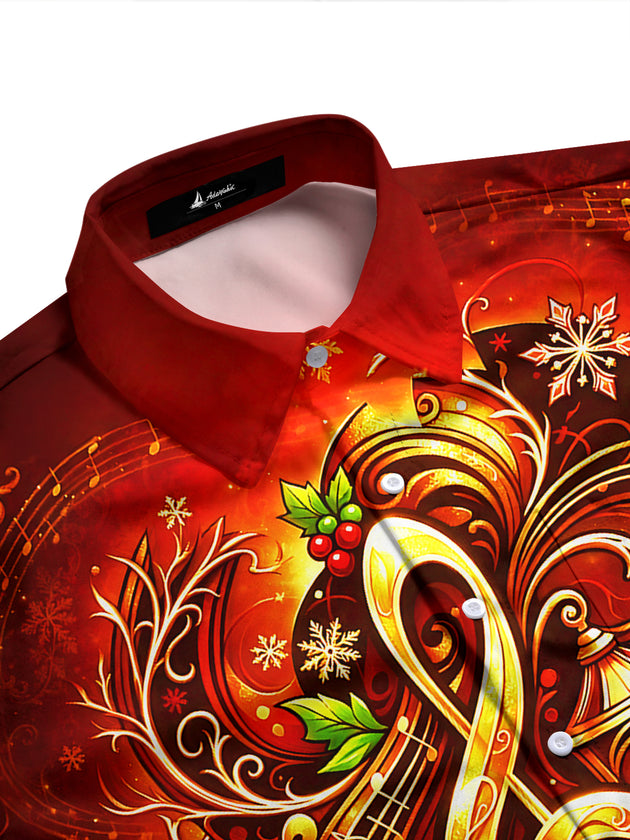 Adaychic Men's Long Sleeve Shirt - Christmas Treble Clef And Musical Notes With Holly And Snowflakes Print with Chest Pocket