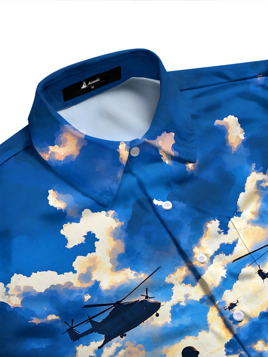 Adaychic Men's Long Sleeve Shirt - Memorial Day Soldier Silhouettes And Military Equipment Print with Chest Pocket