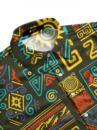 Adaychic Men's Hawaiian Ethnic Geometric Totem Print Long Sleeve Shirt with Chest Pocket