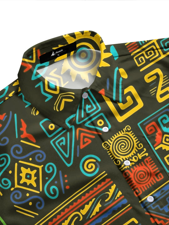 Adaychic Men's Hawaiian Ethnic Geometric Totem Print Long Sleeve Shirt with Chest Pocket