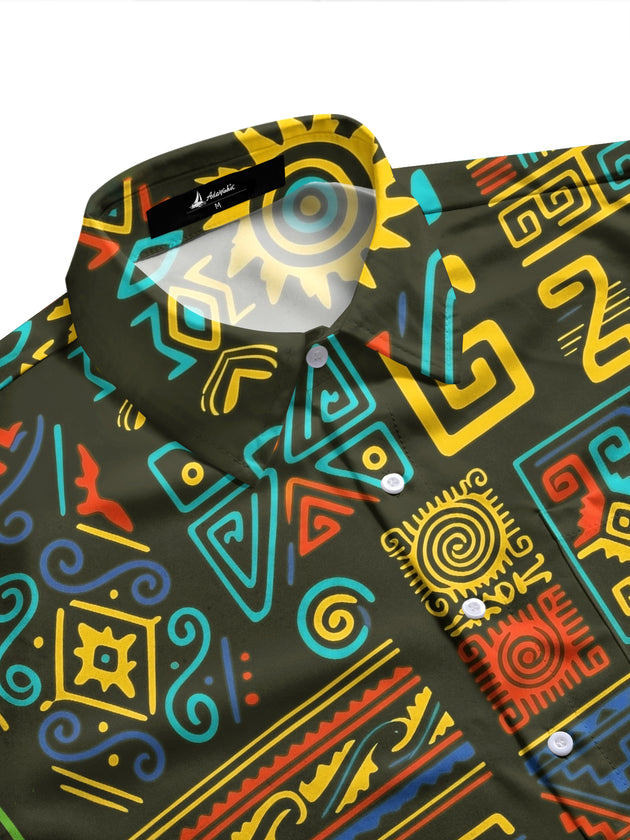 Adaychic Men's Hawaiian Ethnic Geometric Totem Print Long Sleeve Shirt with Chest Pocket