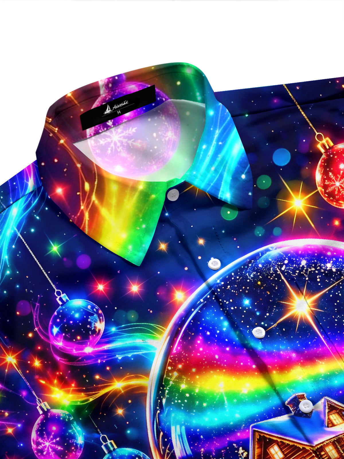 Adaychic Men's Long Sleeve Stand Collar Shirt - Christmas Snow Globe With Cabin And Rainbow Print