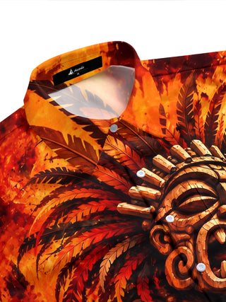 Adaychic Men's Hawaiian Tiki Mask And Drum Print Short Sleeve Shirt with Chest Pocket