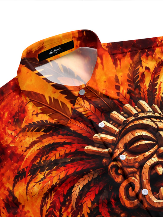 Adaychic Men's Hawaiian Tiki Mask And Drum Print Short Sleeve Shirt with Chest Pocket