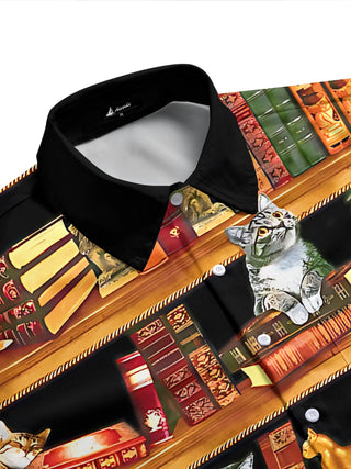 Adaychic Men's Graphic Cats On Bookshelves Print Short Sleeve Shirt with Chest Pocket