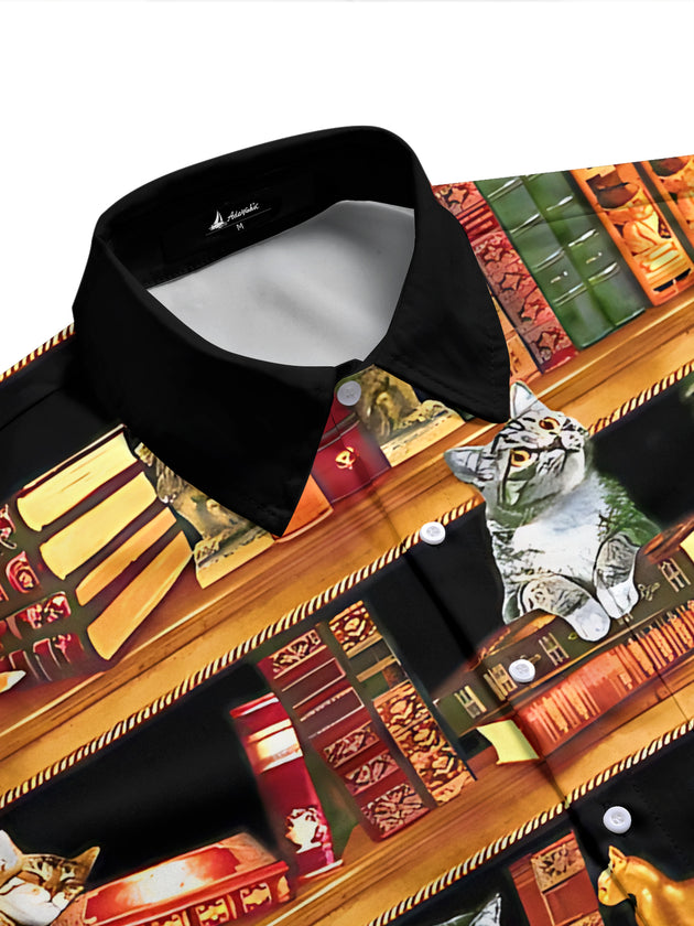 Adaychic Men's Graphic Cats On Bookshelves Print Short Sleeve Shirt with Chest Pocket