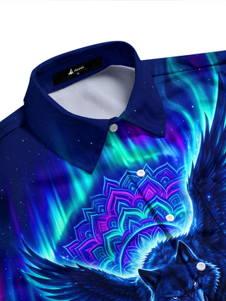 Adaychic Men's Winged Wolf With Mandala Print Long Sleeve Shirt with Chest Pocket