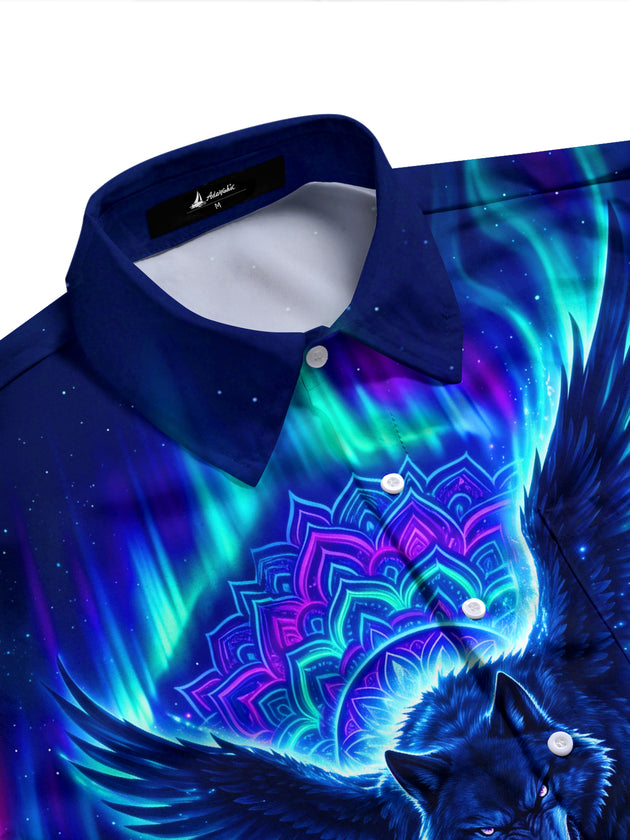 Adaychic Men's Winged Wolf With Mandala Print Long Sleeve Shirt with Chest Pocket
