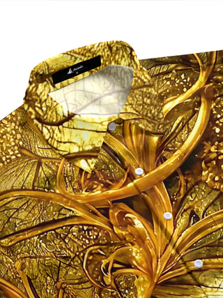 Adaychic Men's Hawaiian Gold Leaf Pattern 3D Floral Print Short Sleeve Shirt with Chest Pocket