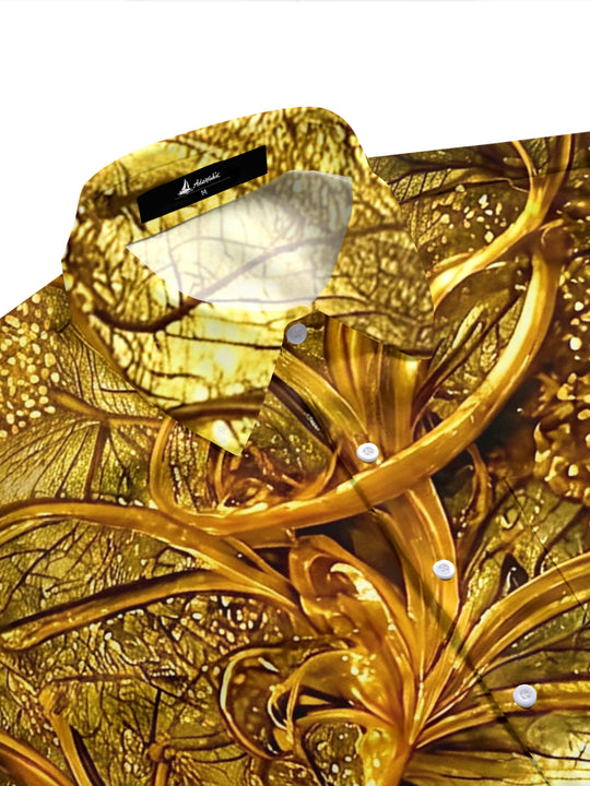Adaychic Men's Hawaiian Gold Leaf Pattern 3D Floral Print Short Sleeve Shirt with Chest Pocket