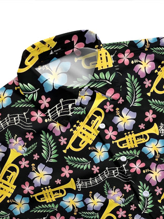 Adaychic Men's Hawaiian Trumpet Musical Notes Print Short Sleeve Shirt with Chest Pocket