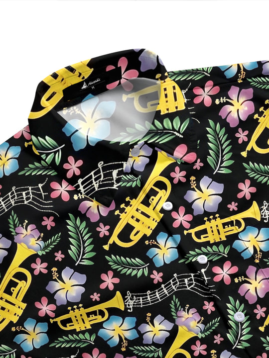 Adaychic Men's Hawaiian Trumpet Musical Notes Print Short Sleeve Shirt with Chest Pocket