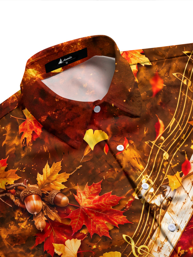 Adaychic Men's Printed Autumn Maple Leaves And Acorns Print Long Sleeve Shirt with Chest Pocket