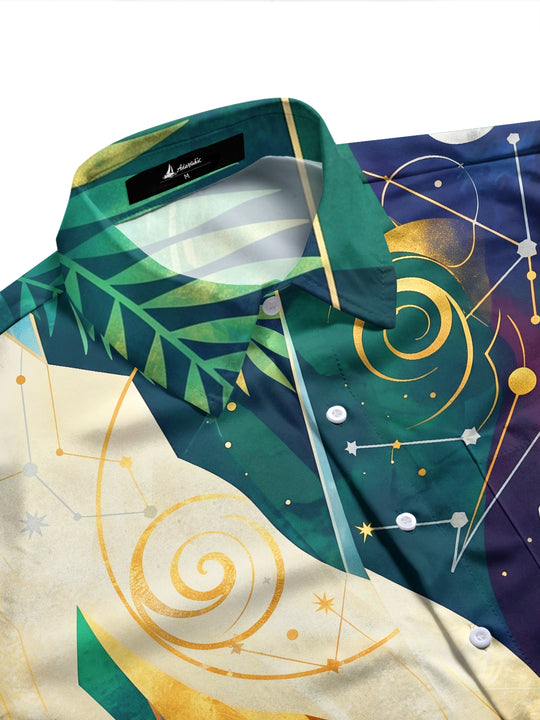 Adaychic Men's Printed Geometric Crystal And Starry Sky Print Long Sleeve Shirt with Chest Pocket