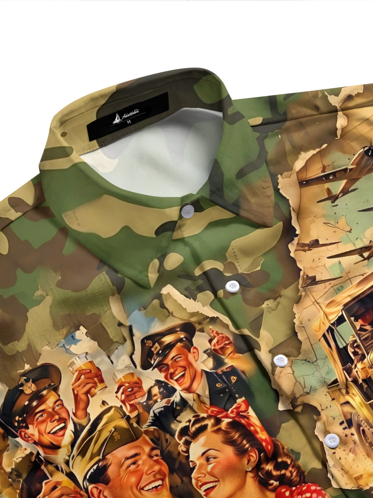 Adaychic Men's Short Sleeve Shirt - Vintage Military Soldiers And Pin-up Girl Print with Chest Pocket