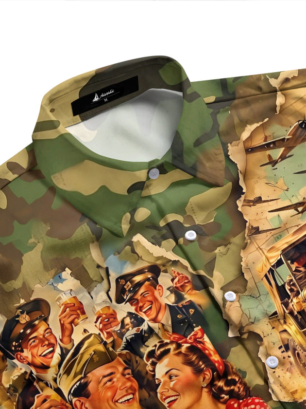 Adaychic Men's Short Sleeve Shirt - Vintage Military Soldiers And Pin-up Girl Print with Chest Pocket