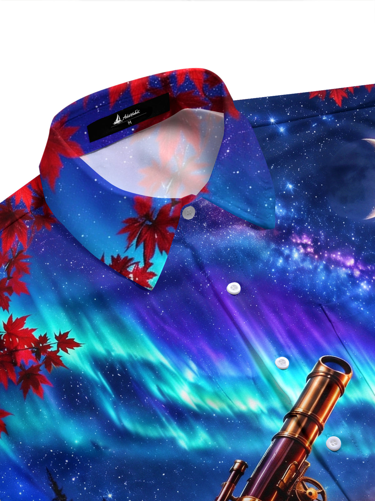 Adaychic Men's Telescope And Northern Lights Landscape Print Short Sleeve Shirt with Chest Pocket